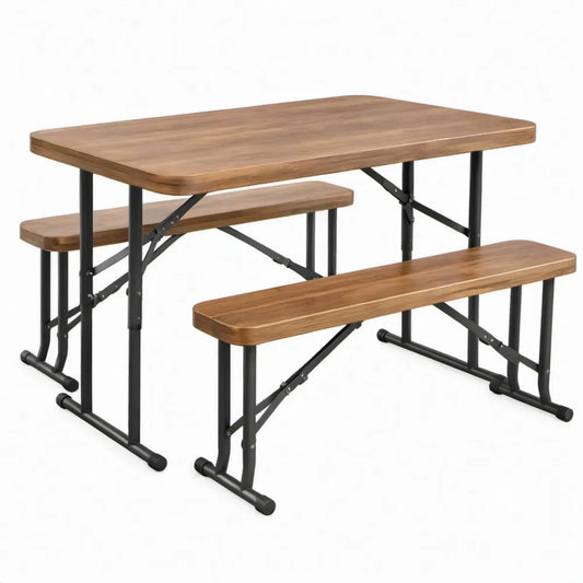 Opvouwbare tafel met 2 banken, 110 x 60 x 75 cm, bruin/zwart, grenenhout en staal