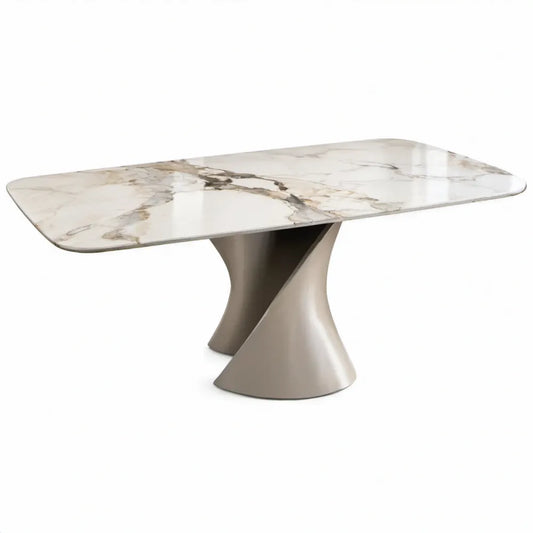 Eettafel 180 x 90 x 75 cm met wit marmerlook blad en taupekleurig stalen onderstel