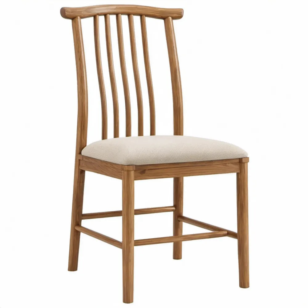Eetkamerstoel met hoge spijlenrug, naturel eikenhout en beige zitting, 45 x 54 x 98 cm