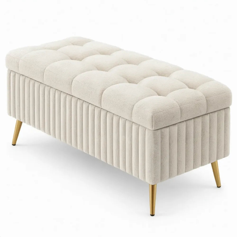 Crèmekleurige halbank met teddybekleding en goudkleurige stalen poten, 120 x 45 x 45 cm