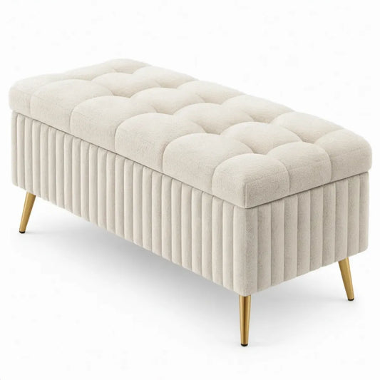 Crèmekleurige halbank met teddybekleding en goudkleurige stalen poten, 120 x 45 x 45 cm