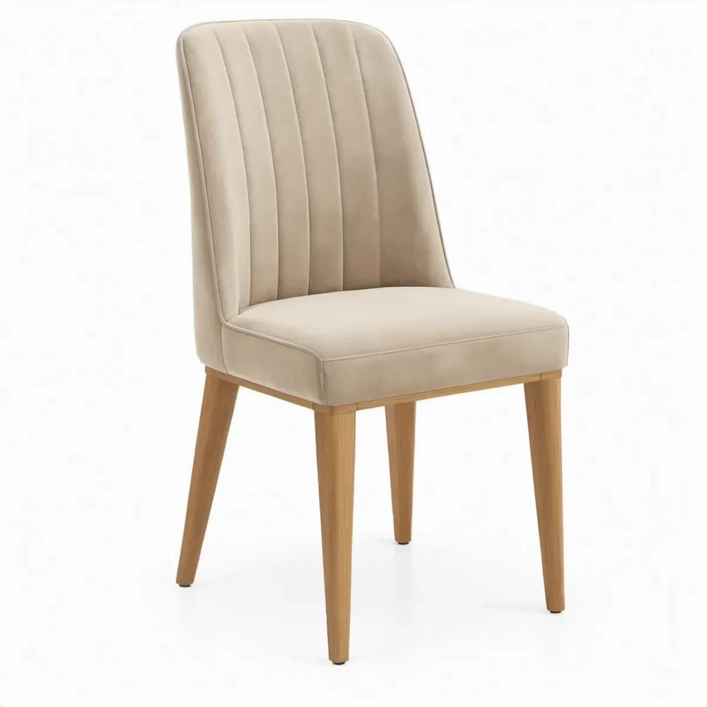 Beige fluwelen eetkamerstoel met beukenhouten poten, 45 x 55 x 86 cm