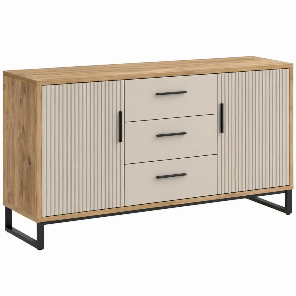 Dressoir 140 x 40 x 80 cm in eikenkleur, beige en zwart met 2 deuren en 3 laden