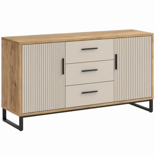 Dressoir 140 x 40 x 80 cm in eikenkleur, beige en zwart met 2 deuren en 3 laden