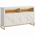 Dressoir met 4 deuren, LED-verlichting en marmerlook, 160 x 40 x 90 cm, wit/eikenkleurig/goudkleurig