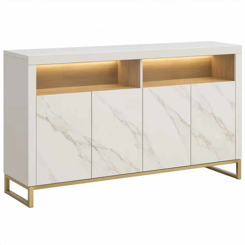Dressoir met 4 deuren, LED-verlichting en marmerlook, 160 x 40 x 90 cm, wit/eikenkleurig/goudkleurig