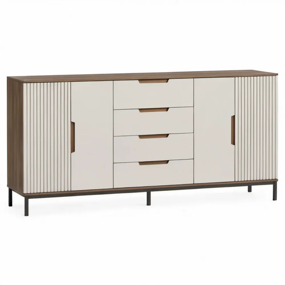 Dressoir met 2 deuren en 4 lades, 180 x 40 x 85 cm, crème, walnoot en zwart