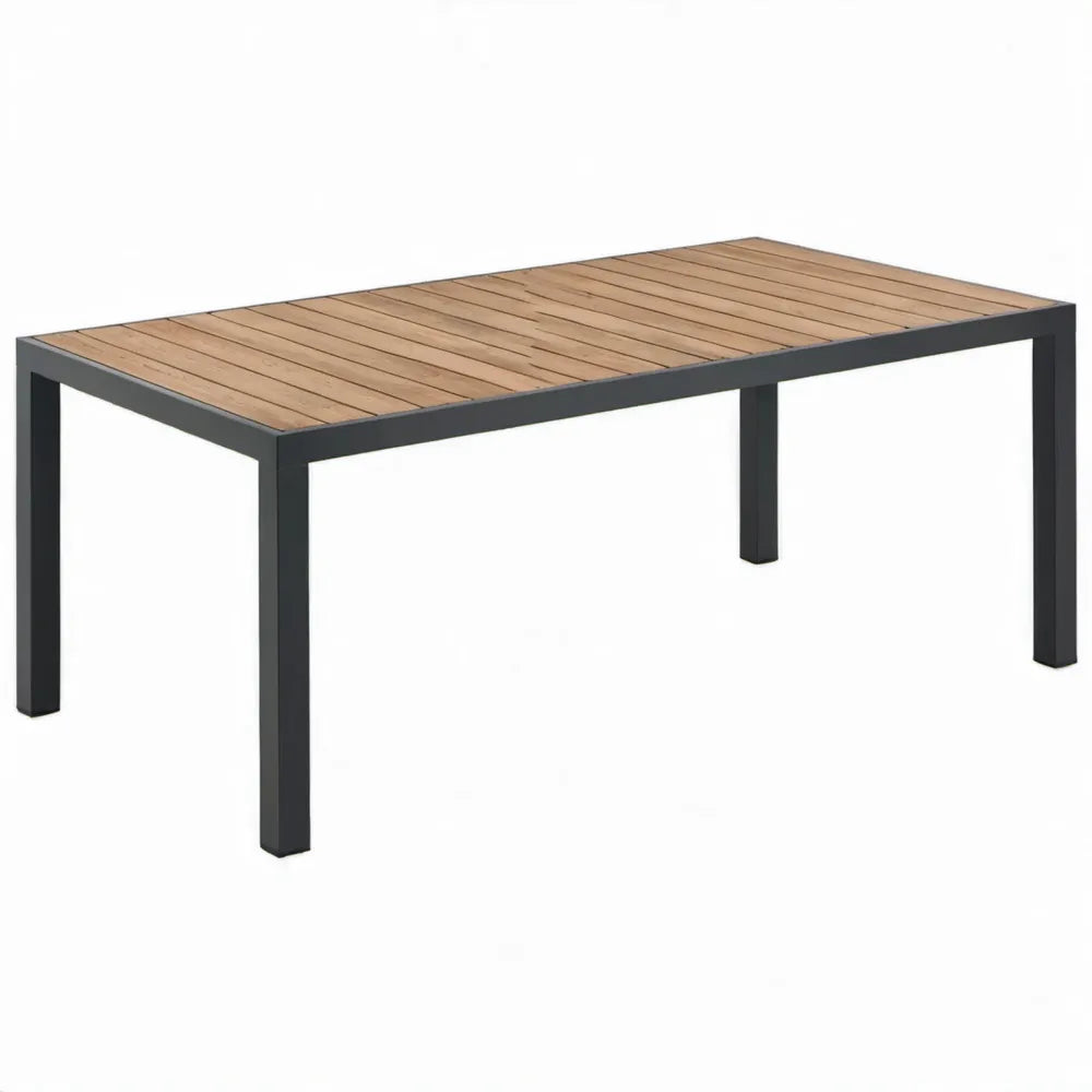 Rechthoekige eettafel 200 x 100 x 74 cm van naturel teakhout met zwart stalen frame