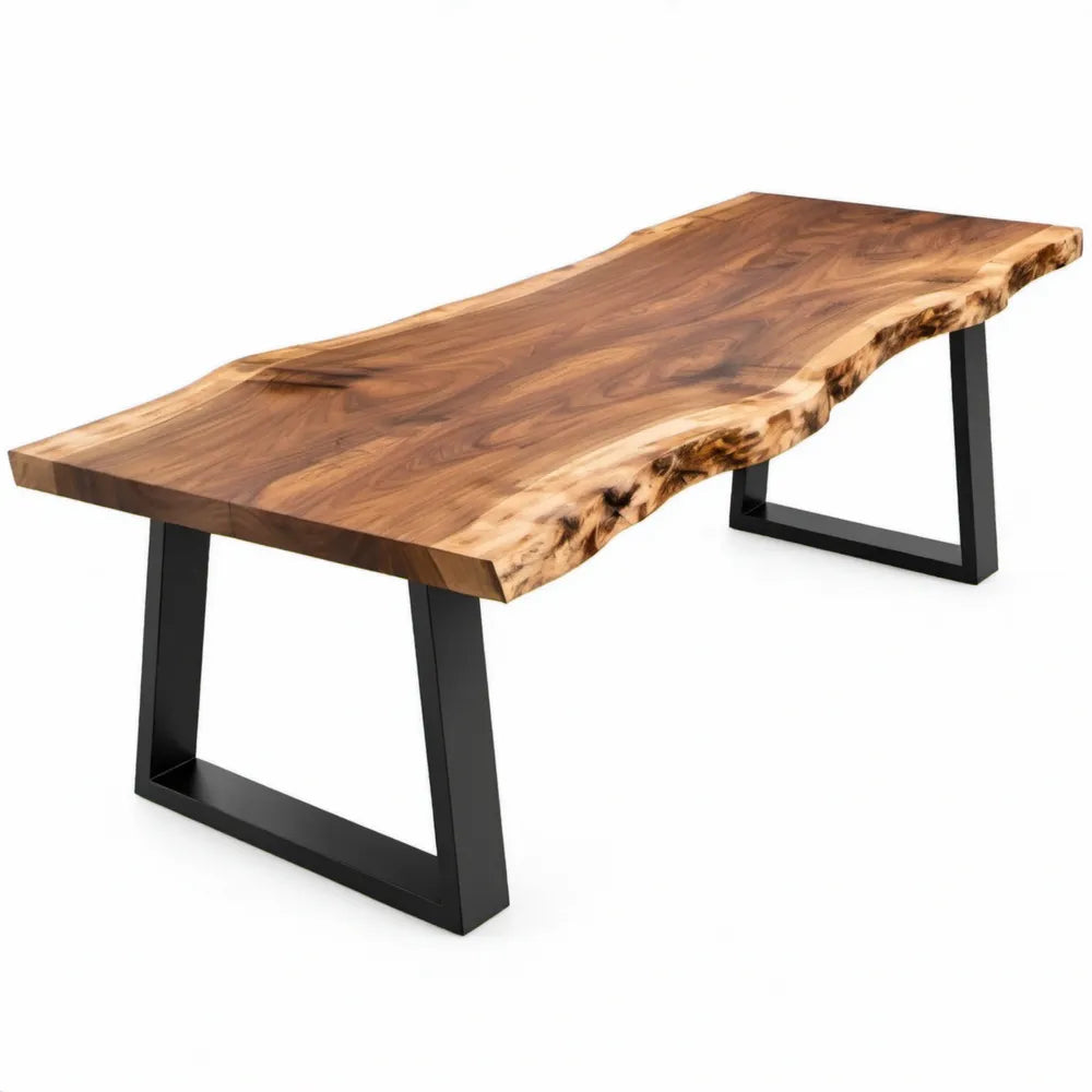 Massief acaciahouten eettafel 200 x 100 x 76 cm met live-edge rand en zwarte stalen poten