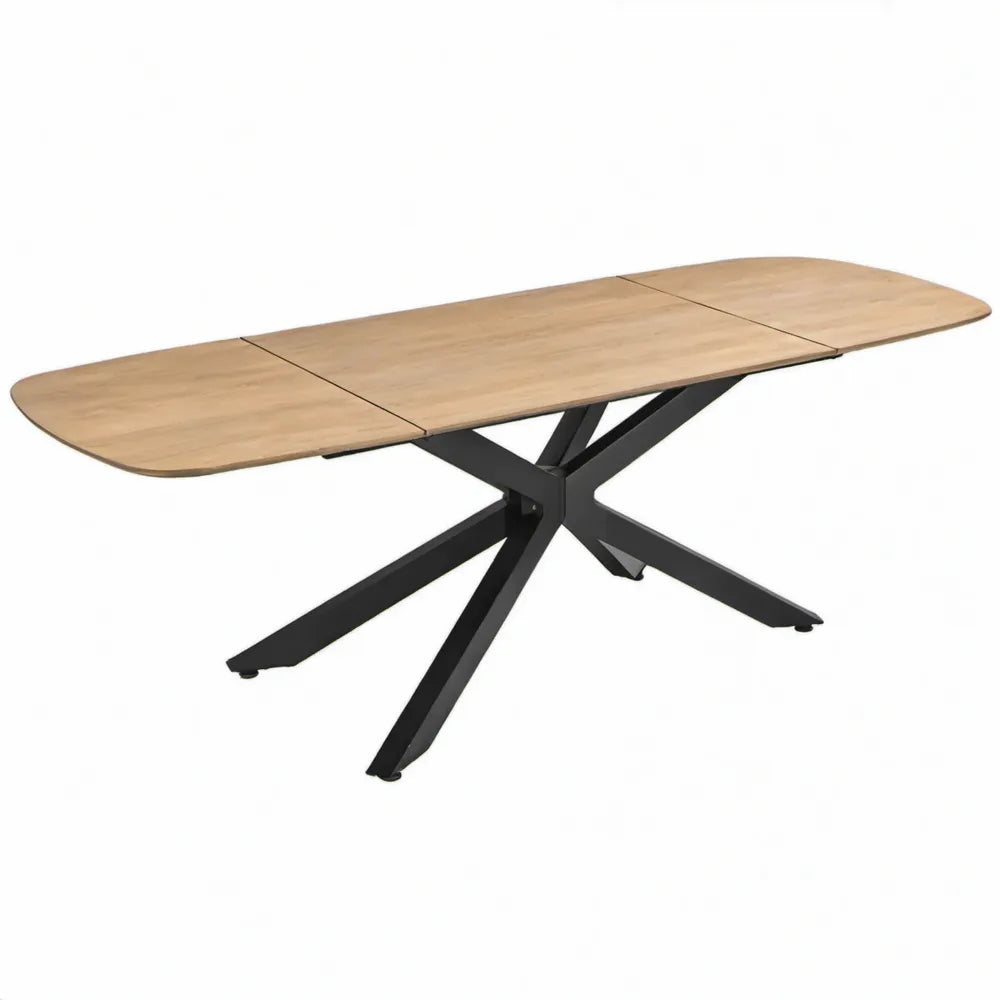 Uitschuifbare eettafel 180-220 x 100 x 76 cm, naturel eikenfineer, zwart stalen kruispoot