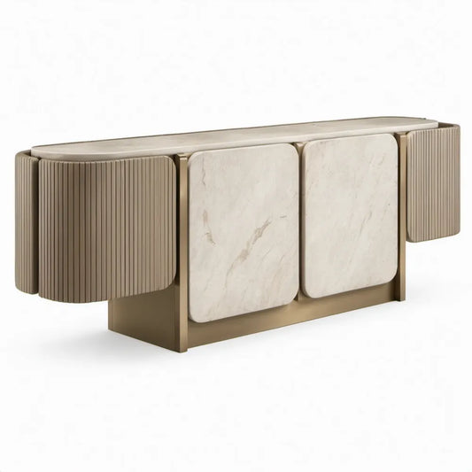 Dressoirkast met 4 deuren, 180 x 45 x 85 cm, Beige/Crème/Goudkleurig