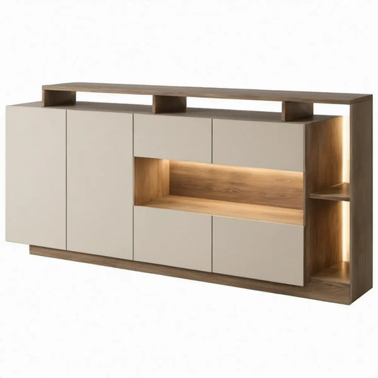 Dressoir met 4 deuren, open vakken en ledverlichting, 180 x 40 x 100 cm, beige en walnootbruin